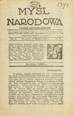 MYŚL Narodowa. Tygodnik poświęcony kulturze twórczości polskiej. Redaktor naczelny i wydawca: Zygmunt Wasilewski.