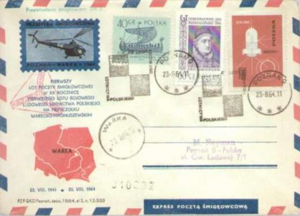 PIERWSZY lot poczty śmigłowcowej w XX rocznicę pierwszego lotu bojowego Ludowego Lotnictwa Polskiego na Przyczółku Warecko-Magnuszewskim. 23.VIII.1944-23.VIII.1964.