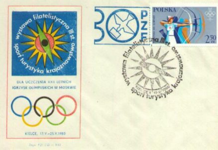SPORT i turystyka. Krajoznawstwo. Wystawa filatelistyczna dla uczczenia XXII Letnich Igrzysk Olimpijskich w Moskwie Kielce 17 V – 25 V 1980