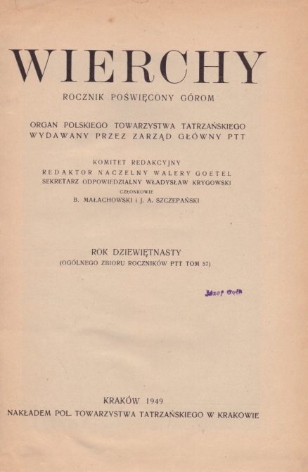 WIERCHY. Rocznik poświęcony górom. Rok 19 1949. - obrazek 2