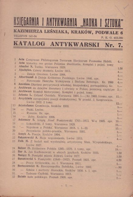 KSIĘGARNIA i Antykwarnia „Nauka i Sztuka” Kazimierza Leśniaka, Kraków, Podwale 6. Katalog Antykwarski Nr 7. (Lata 30-te XX wieku).