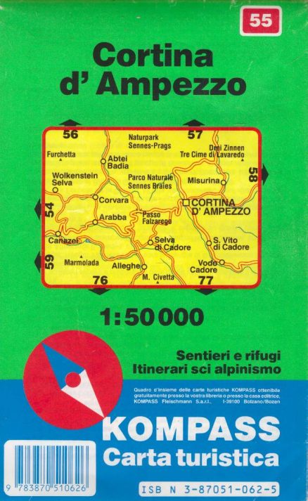 CORTINA d`Ampezzo. Sentieri e rifugi. Itinerari sci alpinismo. Skala 1:50 000.