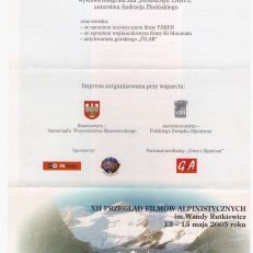 GWIAZDY w Gasherbrumach. XII Przegląd Filmów Alpinistycznych im. Wandy Rutkiewicz. 13 – 15 maja 2005.