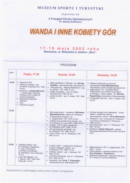 WANDA i inne kobiety gór. X Przegląd Filmów Alpinistycznych im. Wandy Rutkiewicz. 17 – 19 maja 2002. - obrazek 2