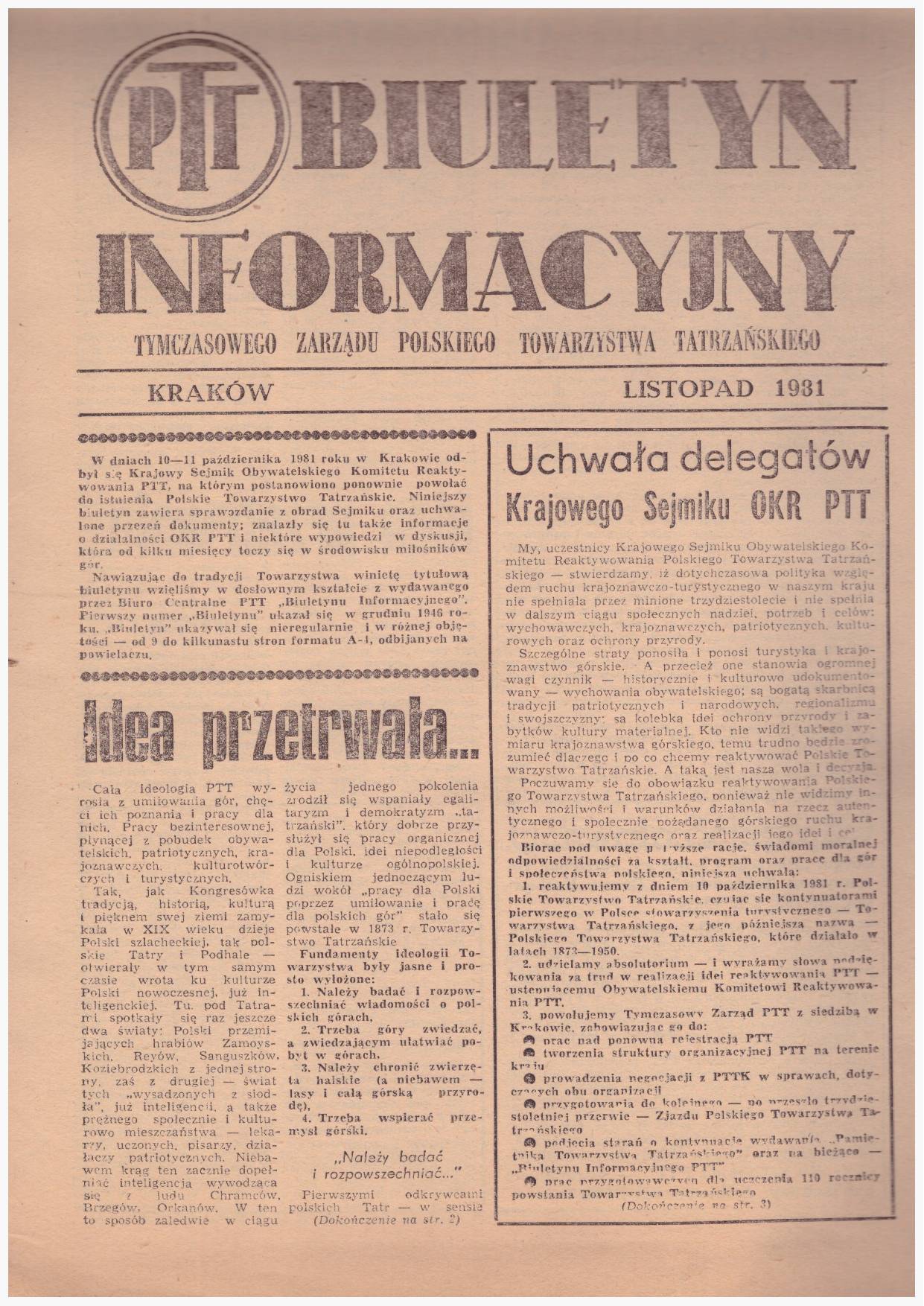 BIULETYN Informacyjny Tymczasowego Zarządu Polskiego Towarzystwa Tatrzańskiego. Kraków, Listopad 1981. + GRATIS!!!