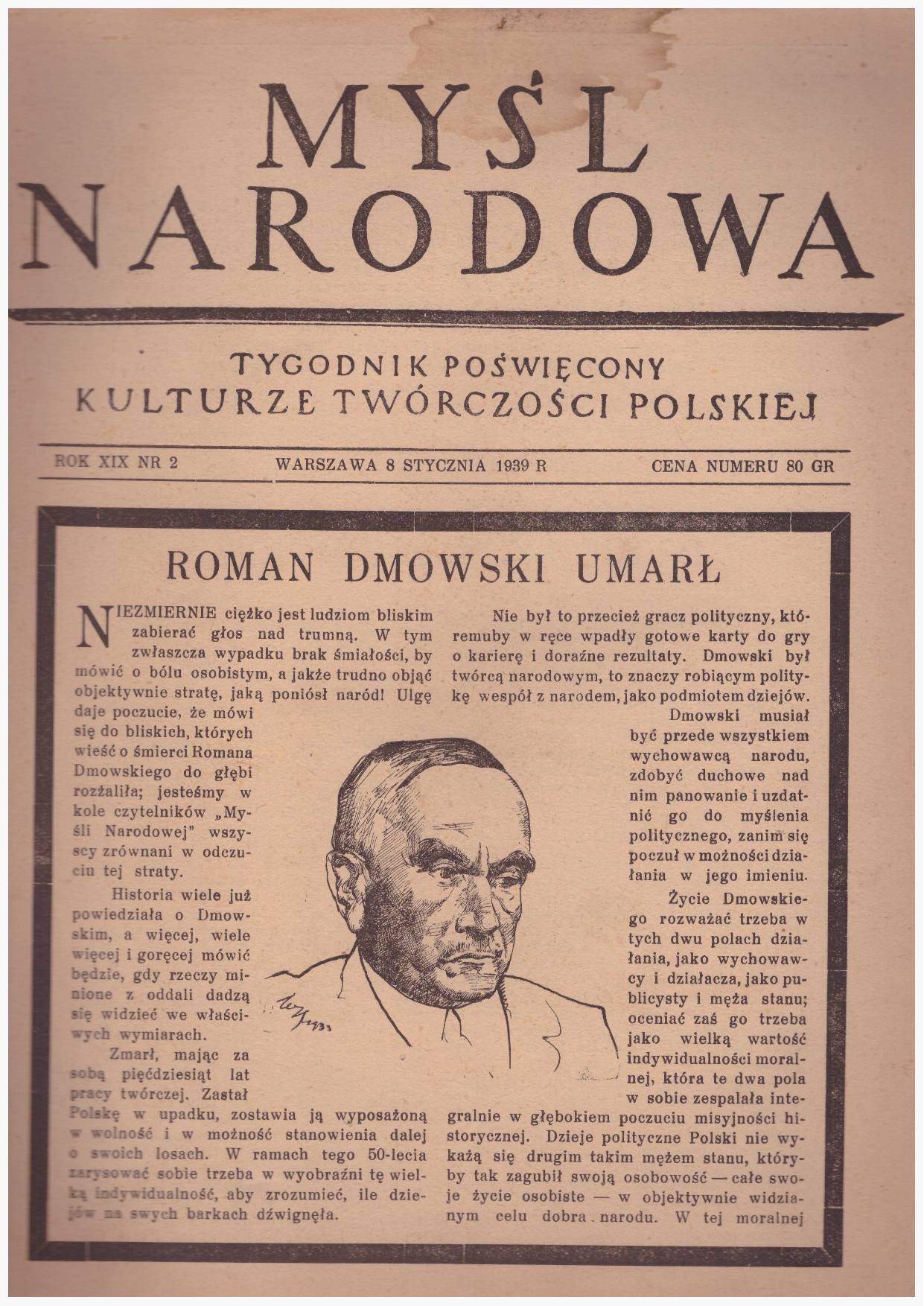 MYŚL Narodowa. Tygodnik poświęcony kulturze twórczości polskiej. Warszawa, 8 stycznia 1939 r. Rok XIX Nr 2.